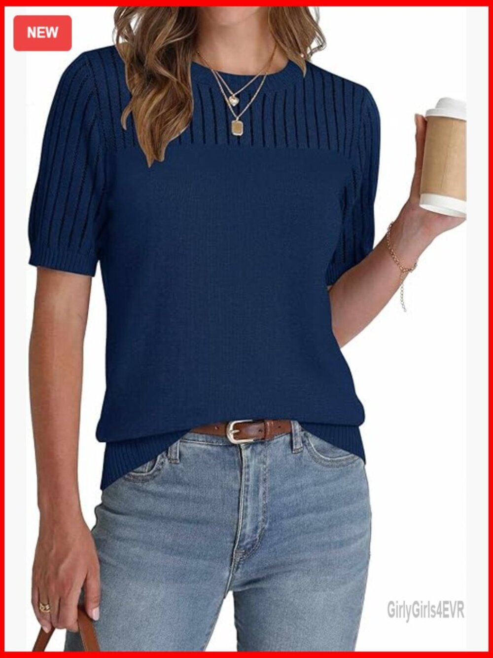 Short Sleeve Crew Neck Hollow Out Pullover Sweater Loose Fit Business Casual